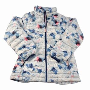 Patagonia Kids XL (14) Down Puffer Jacket Blue Pink Watercolor splatter floral